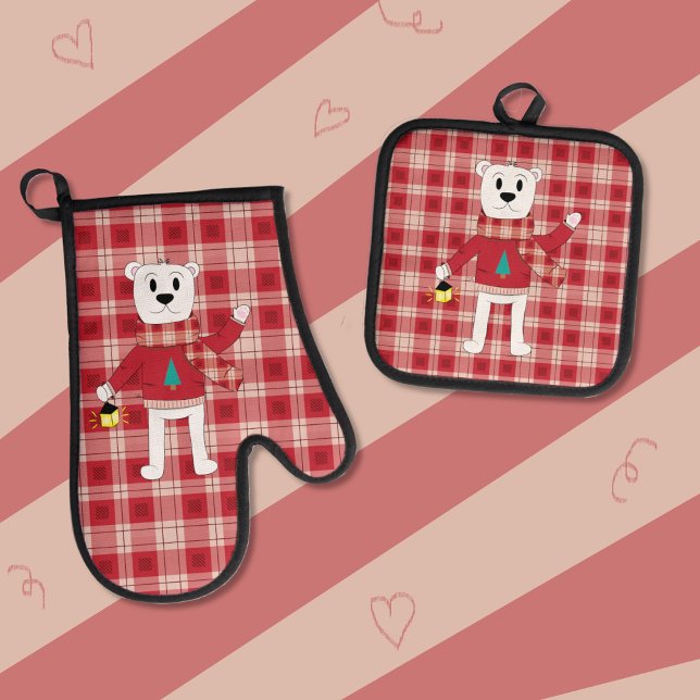 Polar Bear with Lantern Red Holiday  Oven Mitt & Pot Holder Set (Creator Uploaded)