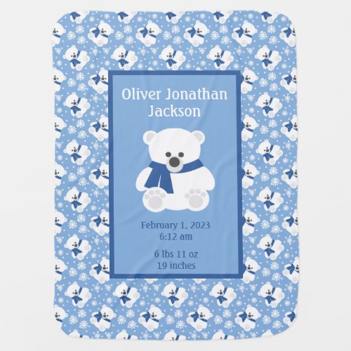 Polar Bear with Navy Blue Scarf and Snowflakes   Baby Blanket