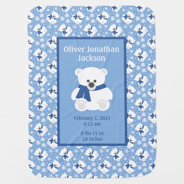 Polar Bear with Navy Blue Scarf and Snowflakes   Baby Blanket (Front)