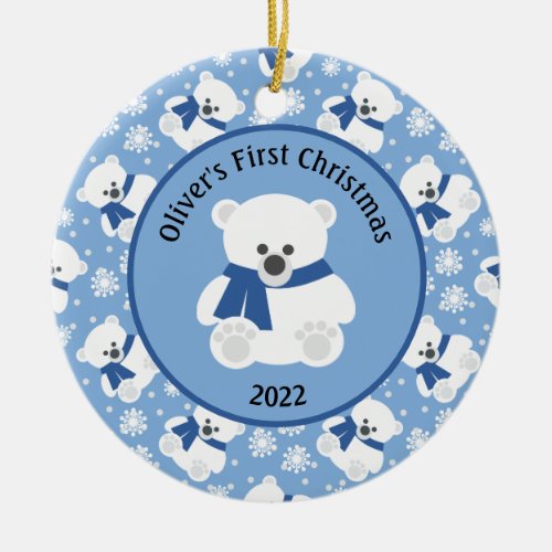 Polar Bear with Navy Blue Scarf and Snowflakes  Ceramic Ornament