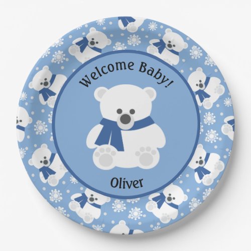 Polar Bear with Navy Blue Scarf and Snowflakes Paper Plates