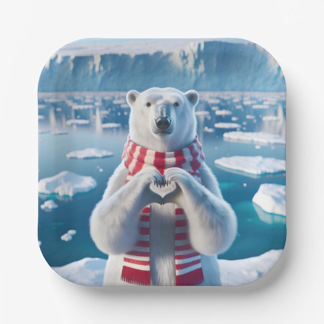 Polar Bear With Paws Forming a Heart Paper Plates (Front)
