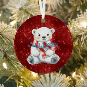 Polar Bear with Peppermint Red White Scarf Metal Ornament