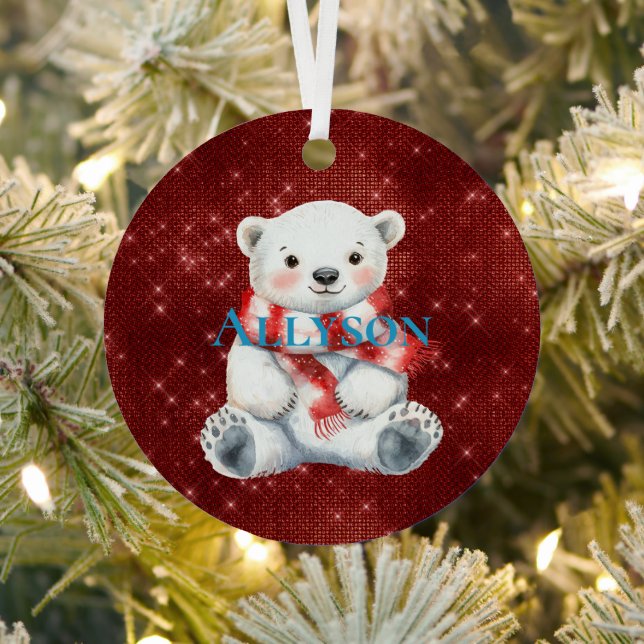Polar Bear with Peppermint Red White Scarf Metal Ornament (Insitu)