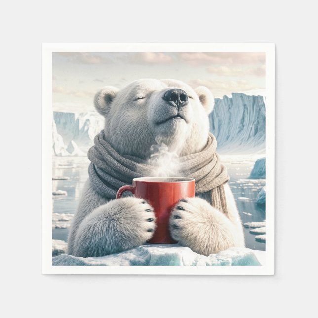 Polar Bear With Red Coffee Mug Napkins (Front)