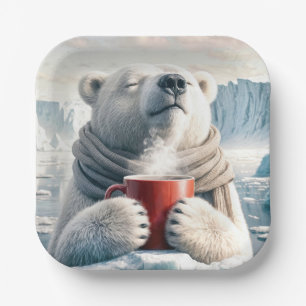 Polar Bear With Red Coffee Mug Paper Plates