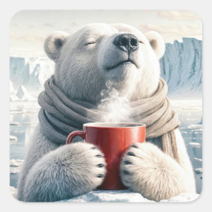Polar Bear With Red Coffee Mug Square Sticker