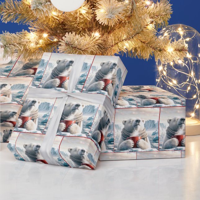 Polar Bear With Red Coffee Mug Wrapping Paper (Holidays)