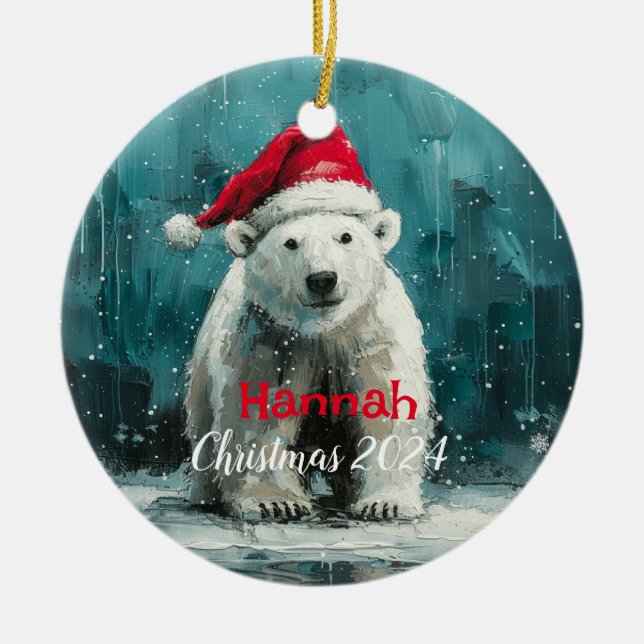 Polar Bear with Santa Cap Ornament (Front)