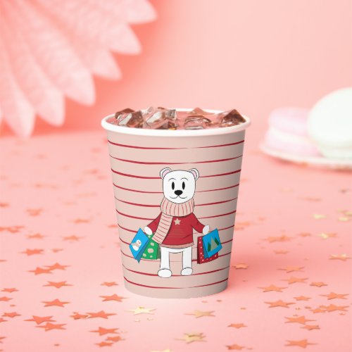 Polar Bear with Shopping Bags  Red Stripes Pink Paper Cups