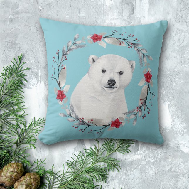 Polar Bear Wreath Kid's Christmas Floral Throw Pillow (Creator Uploaded)
