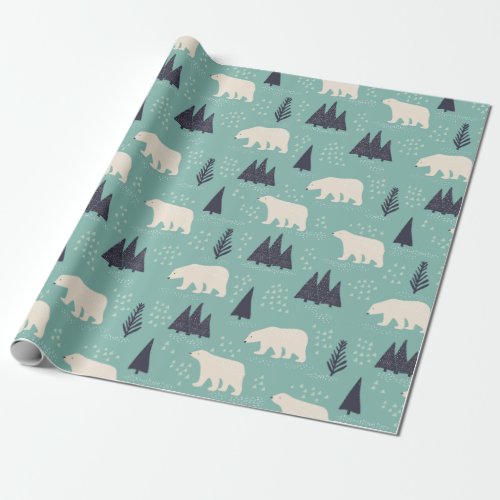 Polar Bears and Evergreen Trees Winter Patterned Wrapping Paper