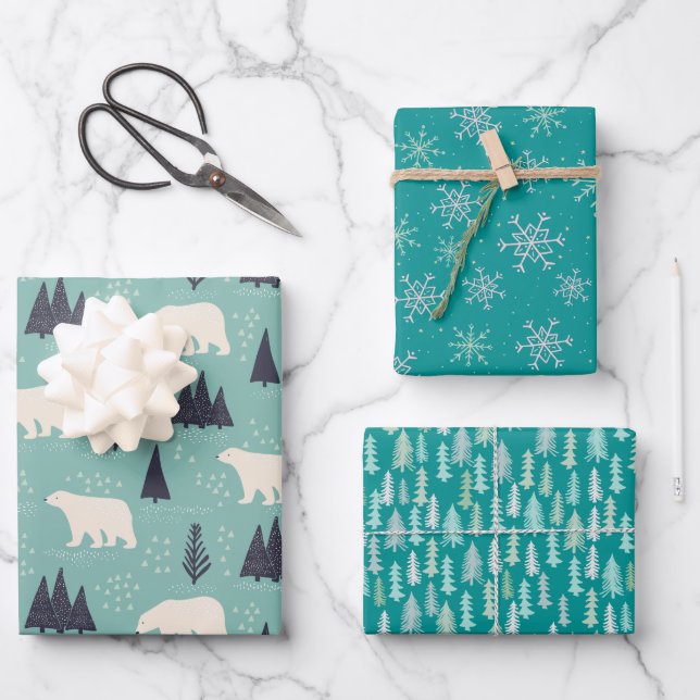Polar Bears and Forest Bundle: Teal Blue Wrapping Paper Sheets (Front)
