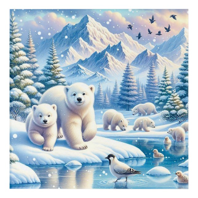 Polar Bears and Snowy Winter Scene Painting Acrylic Print (Front)