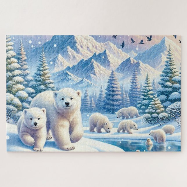 Polar Bears and Snowy Winter Scene Painting Jigsaw Puzzle (Horizontal)