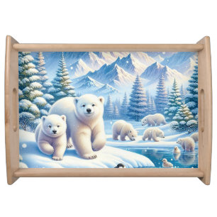 Polar Bears and Snowy Winter Scene Painting Serving Tray