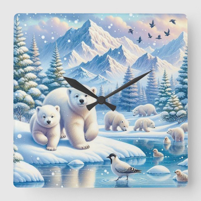 Polar Bears and Snowy Winter Scene Painting Square Wall Clock (Front)