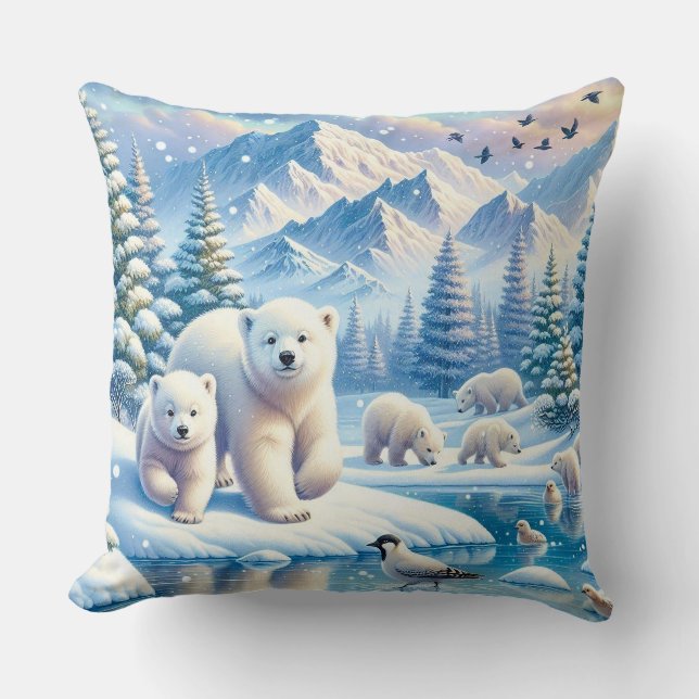 Polar Bears and Snowy Winter Scene Painting Throw Pillow (Front)
