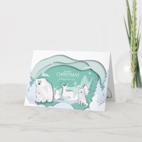 Polar Bears and White Wolf Merry Xmas Winter Scene Holiday Card