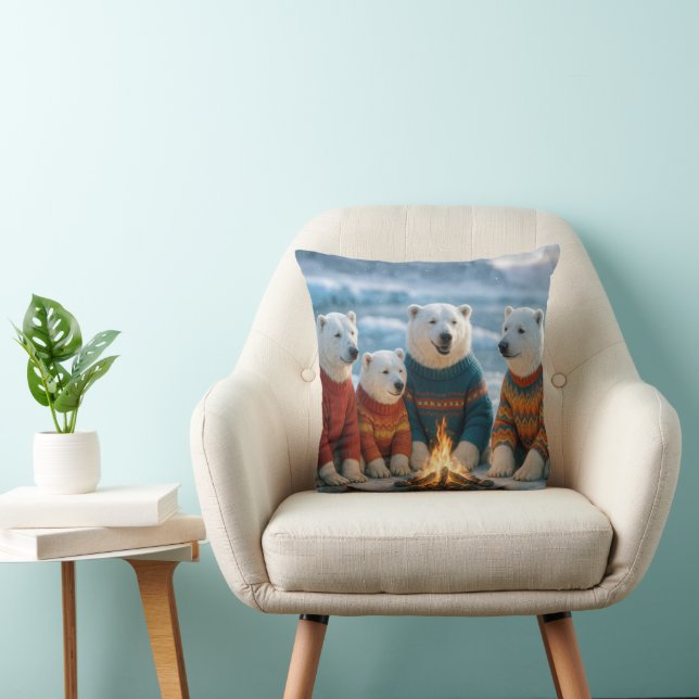 Polar Bears Around a Bonfire Throw Pillow (Chair)