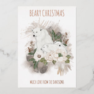 Polar Bears Beary Christmas Name Luxury Real Foil Holiday Card