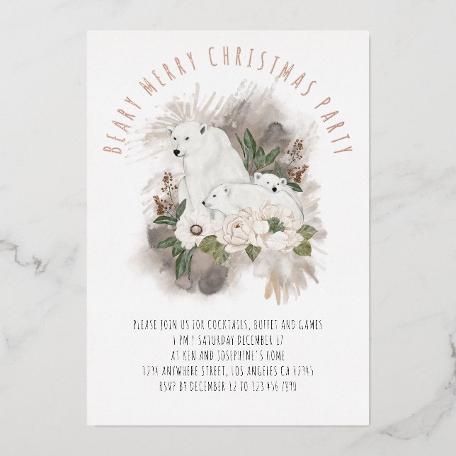 Polar Bears Beary Merry Christmas Party Luxury  Foil Invitation (Front)