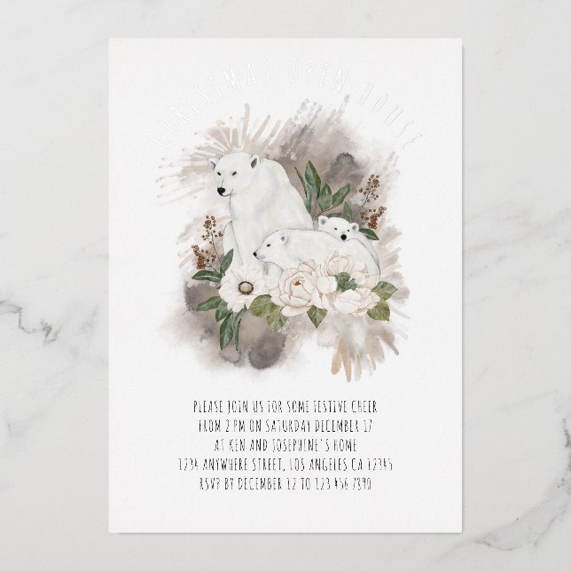 Polar Bears Christmas Open House Luxury Real Foil  Invitation (Front)