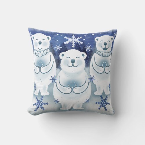 Polar Bears Cute Happy Winter Snowflakes Throw Pillow