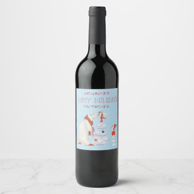 Polar Bears Decorating Tree Wine Label (Front)