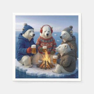 Polar Bears Drinking Around a Campfire Napkins