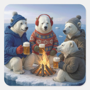 Polar Bears Drinking Around a Campfire Square Sticker