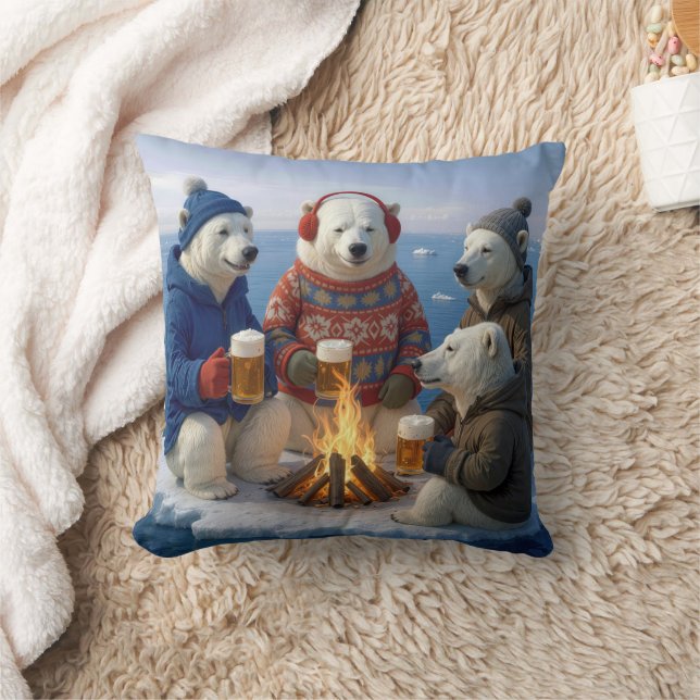 Polar Bears Drinking Beer Around a Campfire  Throw Pillow (Blanket)