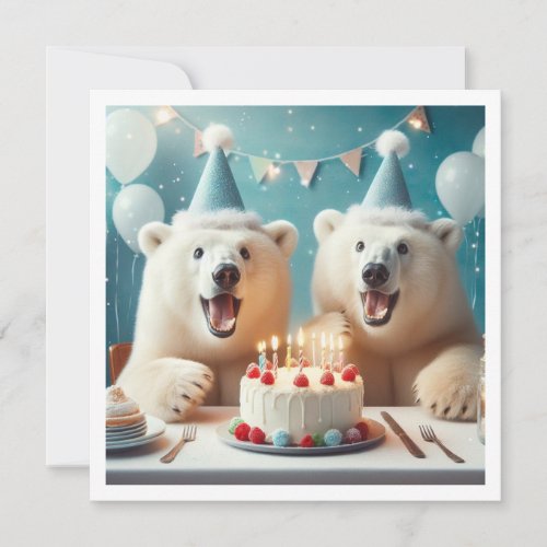 Polar bears eating cake bear birthday invitation
