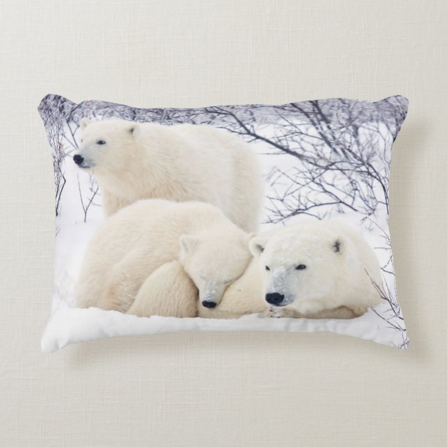 Polar Bears female and Two cubs Decorative Pillow (Front)