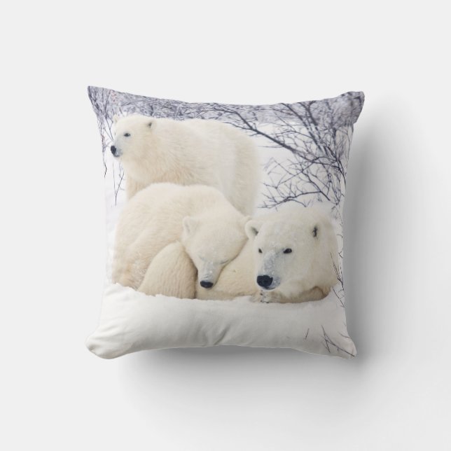 Polar Bears female and Two cubs Throw Pillow (Front)