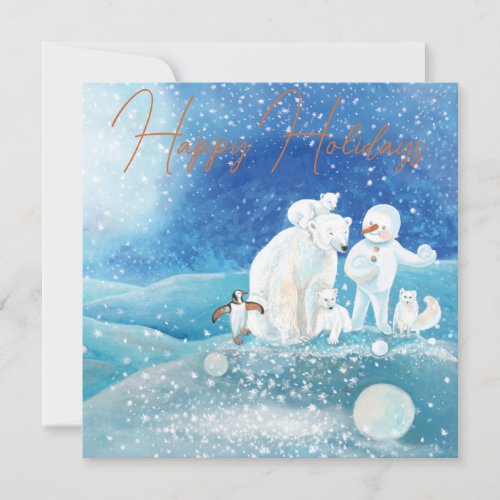 Polar Bears Fox Penguin  Snowman Happy Holiday Card