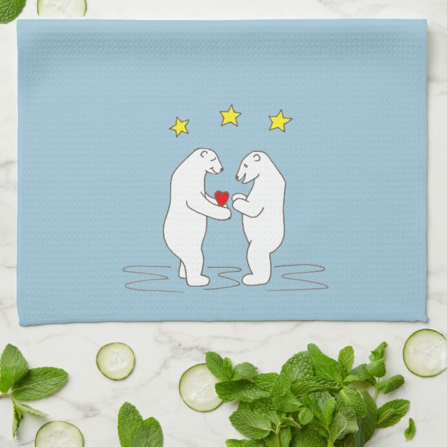 Polar Bears giving Heart and Yellow Stars Kitchen Towel (Folded)