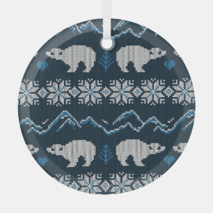 Polar Bears Knitted Winter Pattern Glass Ornament