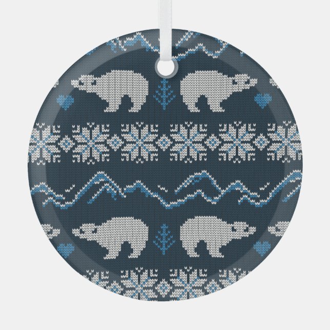 Polar Bears Knitted Winter Pattern Glass Ornament (Front)