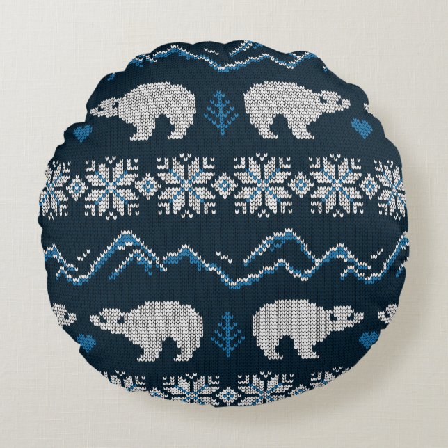 Polar Bears Knitted Winter Pattern Round Pillow (Front)