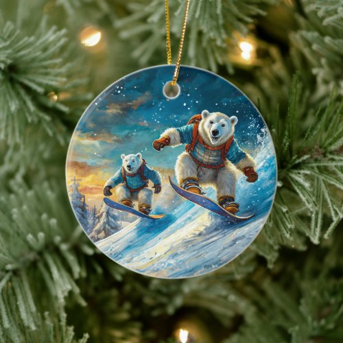 Polar Bears on Snowboards Design By Rich AMeN Gill Ceramic Ornament