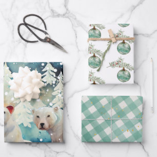 Polar Bears, Ornaments, Gingham Check Christmas Wrapping Paper Sheets