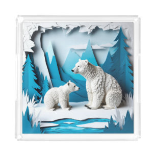 Polar Bears Papercraft Scene in Blue Arctic Forest Acrylic Tray