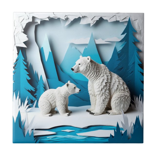 Polar Bears Papercraft Scene in Blue Arctic Forest Ceramic Tile (Front)