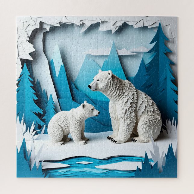 Polar Bears Papercraft Scene in Blue Arctic Forest Jigsaw Puzzle (Vertical)
