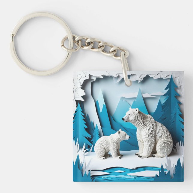 Polar Bears Papercraft Scene in Blue Arctic Forest Keychain (Front)