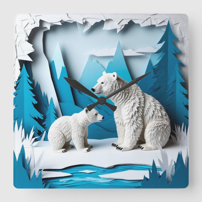Polar Bears Papercraft Scene in Blue Arctic Forest Square Wall Clock (Front)