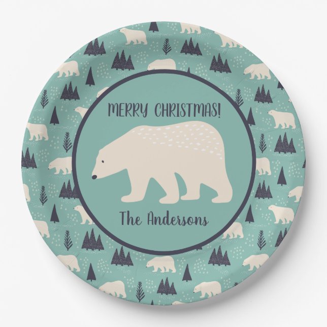 Polar Bears Patterned Christmas Party Paper Plates (Front)