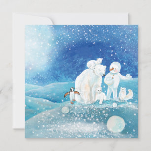 Polar Bears, Polar Fox, Emperor penguin & Snowman Holiday Card
