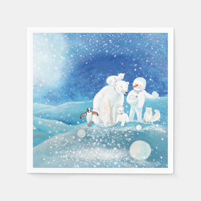 Polar Bears, Polar Fox, Emperor penguin & Snowman  Napkins (Front)